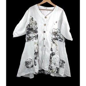 Made in Italy‎ Linen Tunic sz M White Floral 3D Rosette tunic lagen look artsy